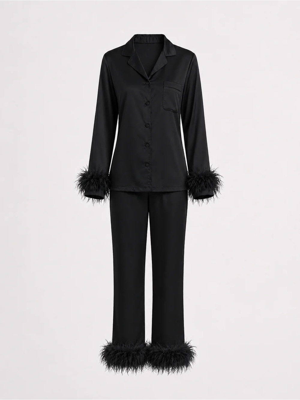 Satin Feather-Trim Black Pajama Set
